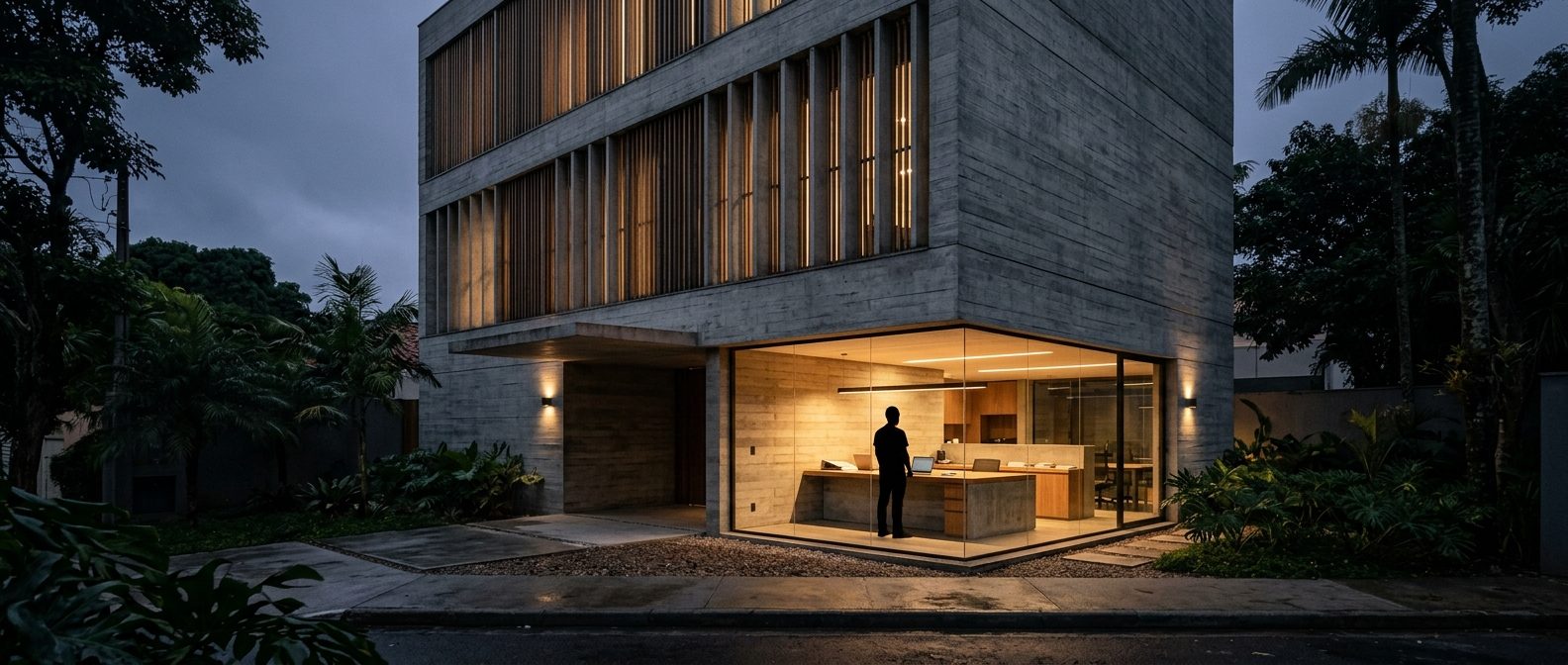 Prédio de escritório em concreto ao anoitecer, com uma pessoa trabalhando sozinha atrás do vidro