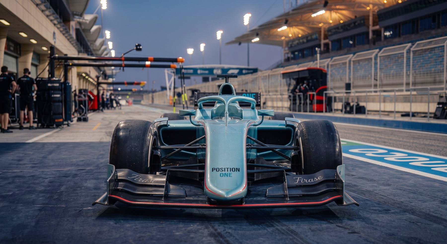 O carro de Fórmula 1 da Position One no pit lane, de frente, com a libré azul-gelo perolizada
