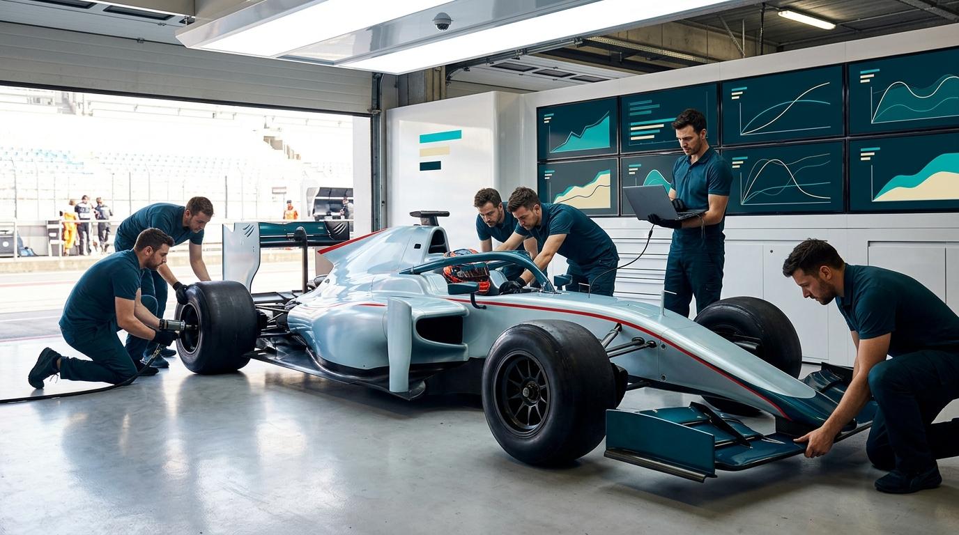 No box: a equipe prepara o carro enquanto o piloto já espera no cockpit, de capacete