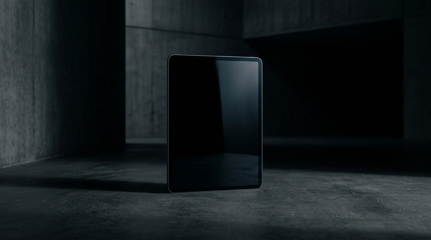 Tablet com a tela apagada, apoiado sobre concreto num ambiente escuro