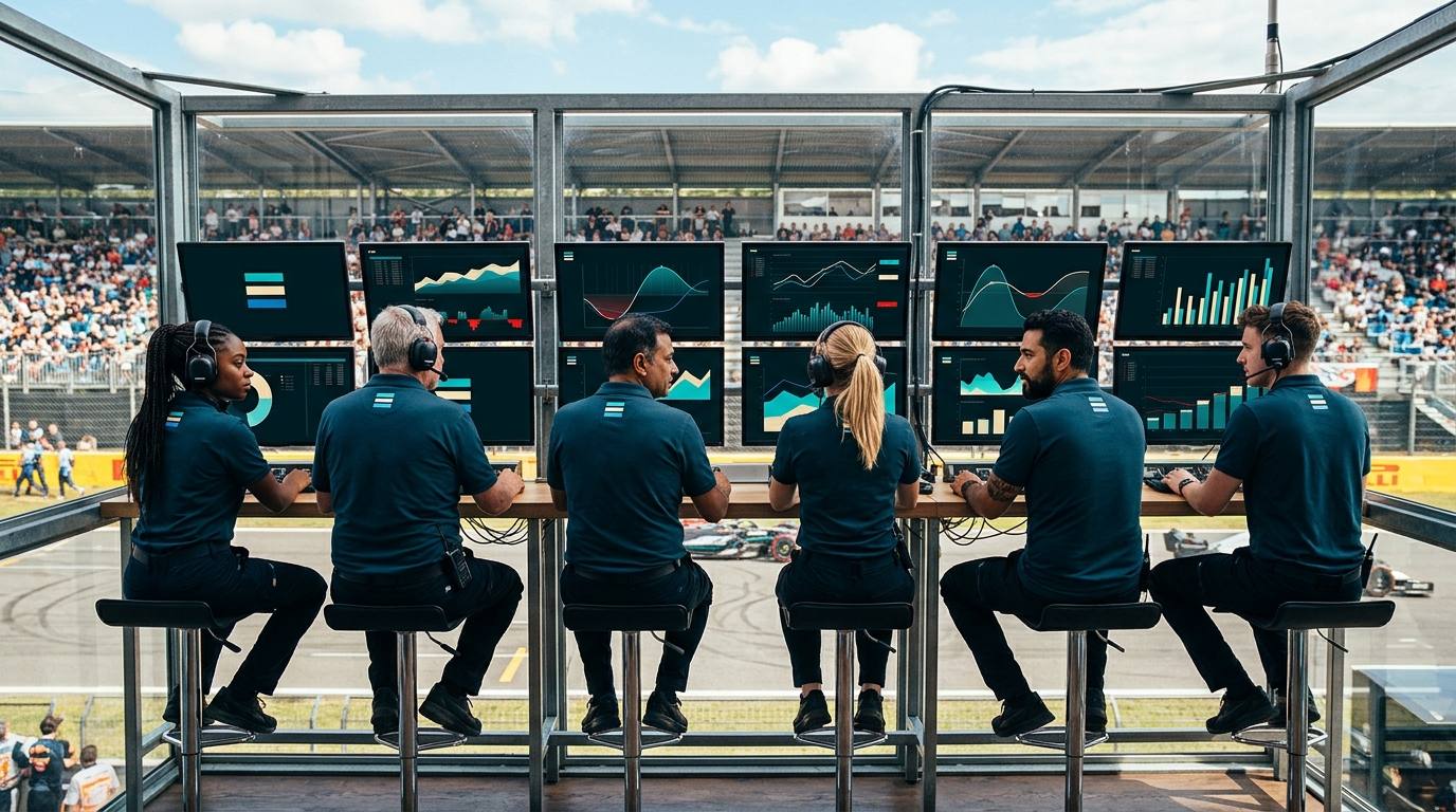 A equipe no muro dos boxes acompanhando os painéis de indicadores