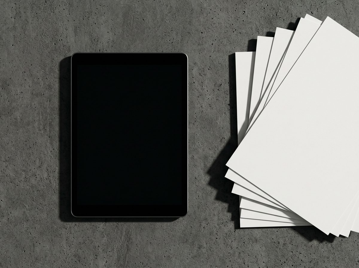 Tablet com a tela apagada e páginas em branco sobre concreto